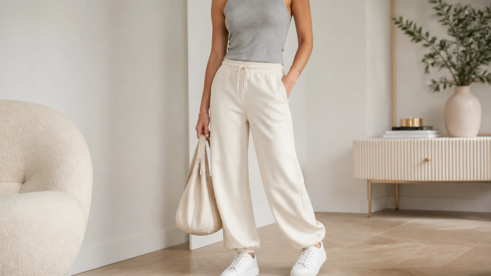 Faceless outfit with cream sweatpants, a fitted heather gray ribbed tank tucked in and white leather sneakers