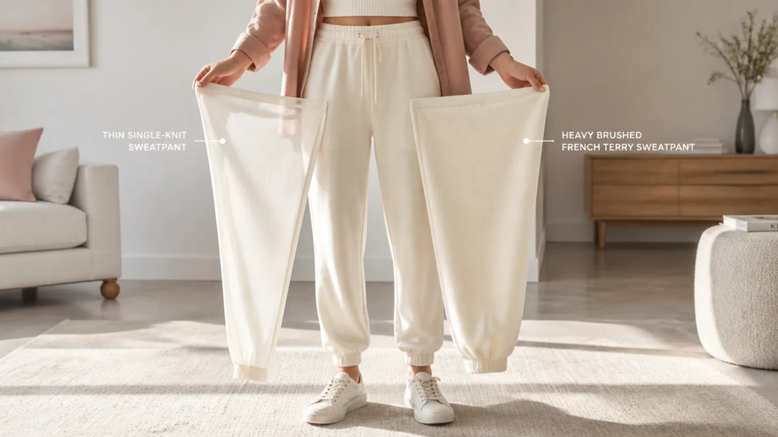 Faceless close-up comparing a thin single-knit cream sweatpant against a heavy brushed French terry cream sweatpant held to the light