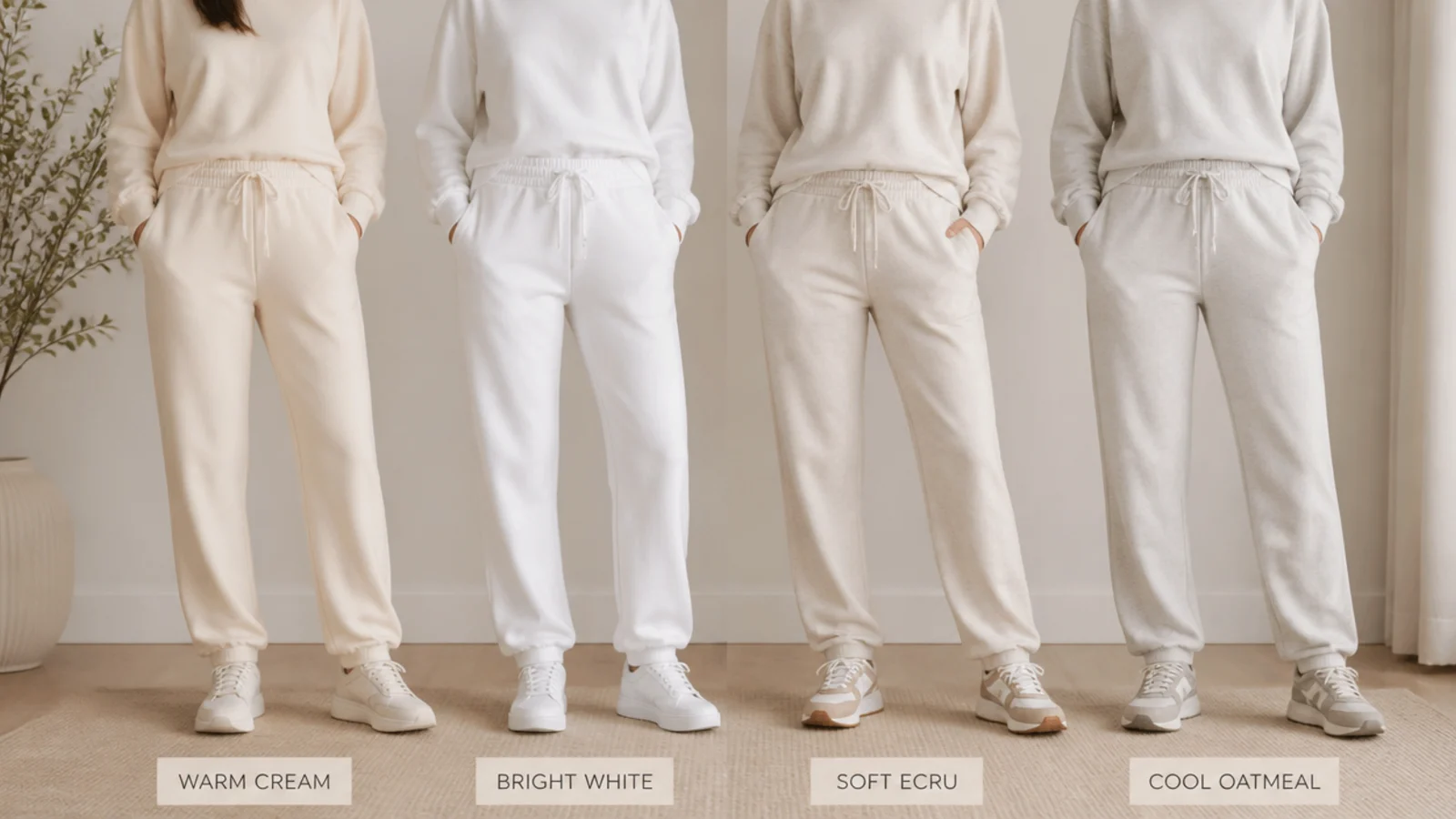 Faceless flat-lay comparing warm cream, bright white, soft ecru and cool oatmeal sweatpants side by side