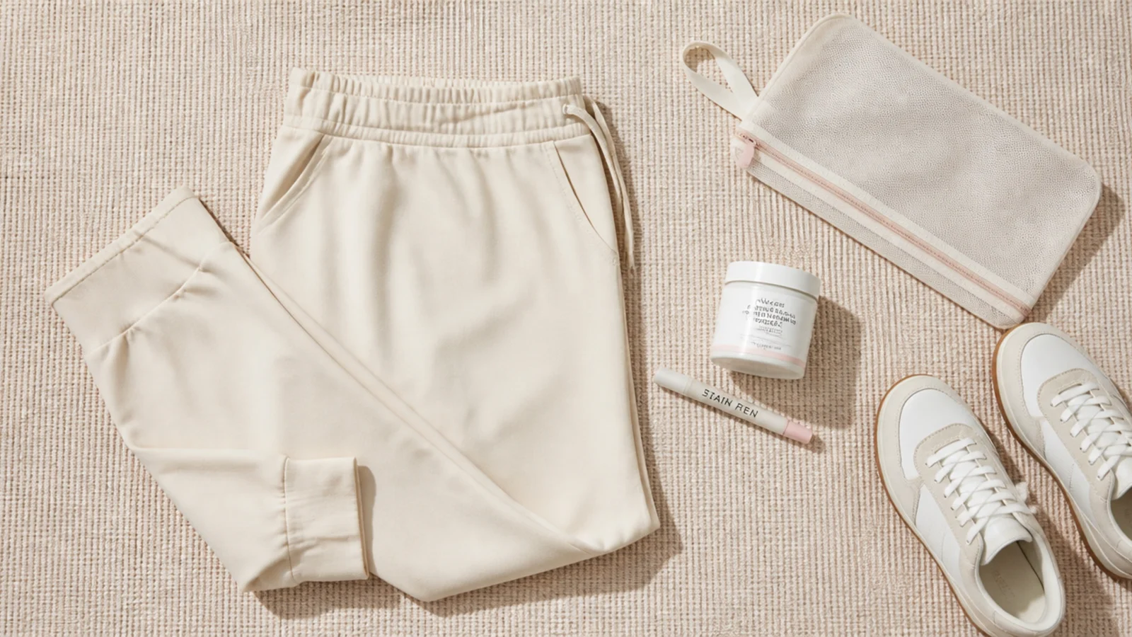 Faceless flat-lay of cream sweatpants beside a stain pen, oxygen powder and a mesh wash bag for keeping light neutrals clean