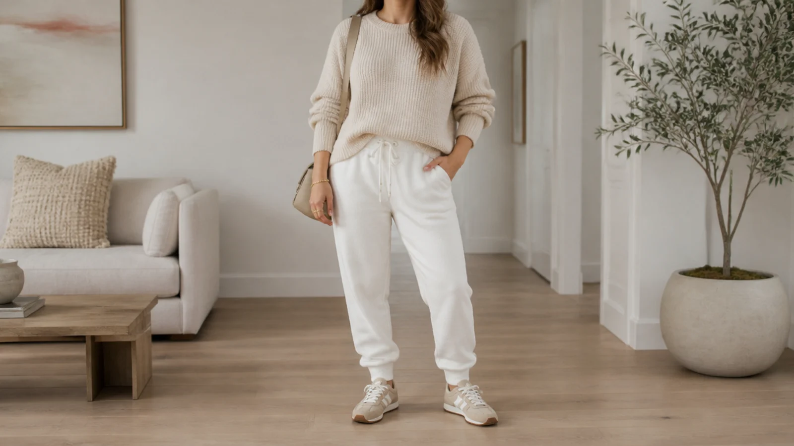 Faceless cream and white sweatpants outfit with a cream knit, white joggers and tan sneakers
