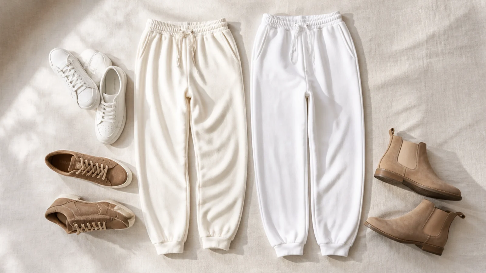 Faceless flat-lay of white leather sneakers, tan suede sneakers and tan Chelsea boots beside cream and white sweatpants