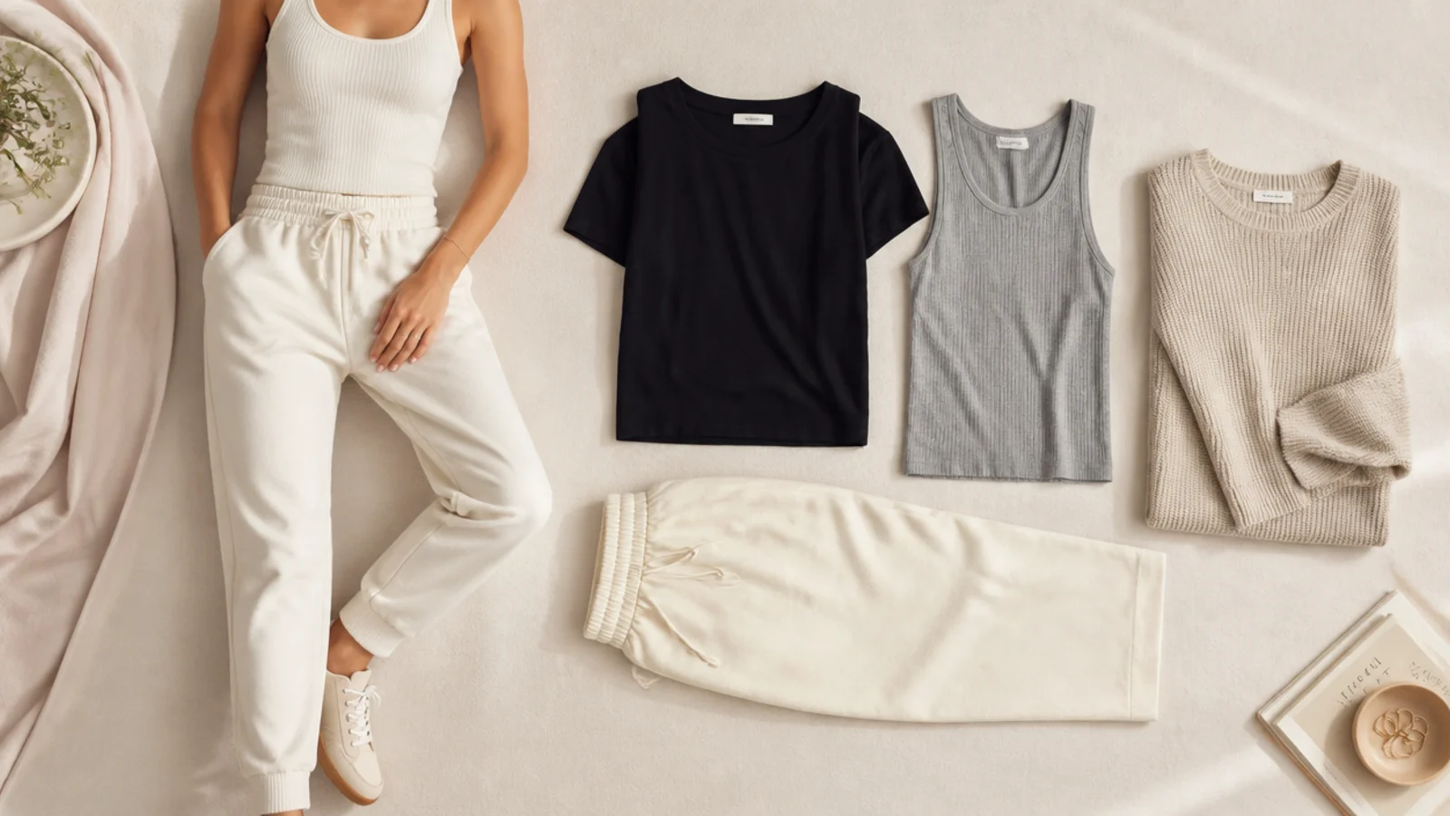 Faceless flat-lay of a cream ribbed tank, a black crew tee, a heather gray tank and an oatmeal knit beside cream sweatpants