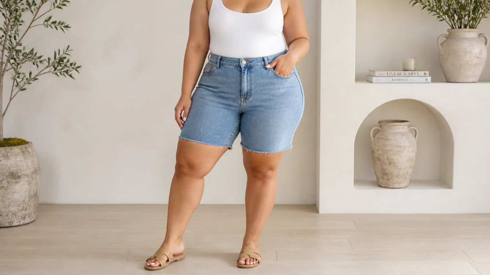 Faceless curvy outfit with high-waisted mid-wash denim jorts, a fitted white scoop-neck bodysuit and tan slide sandals