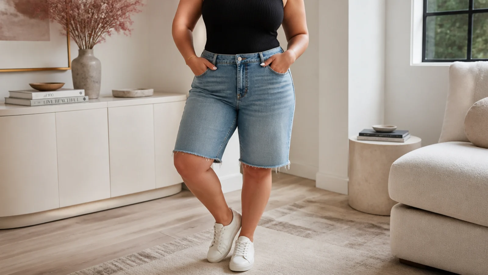 Faceless curvy outfit with knee-length bermuda denim jorts, a fitted black ribbed tank and white leather sneakers