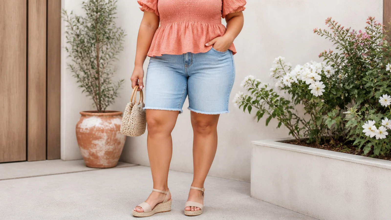Faceless curvy outfit with high-rise denim jorts, a soft coral peplum blouse and nude wedge sandals
