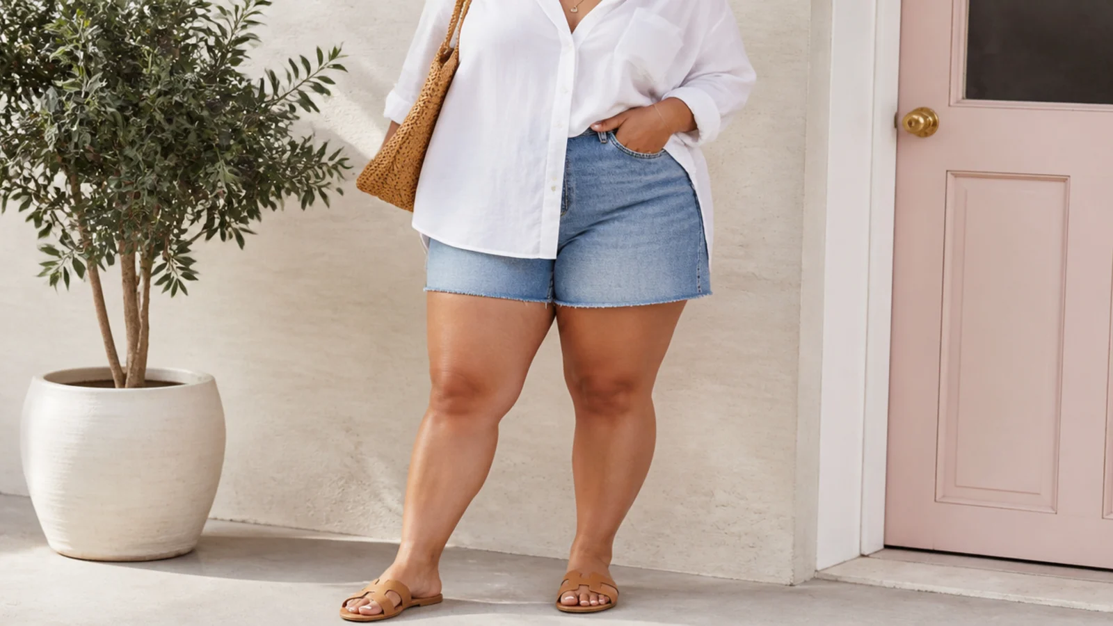 Faceless curvy outfit with mid-wash denim jorts, an oversized white cotton button-down half-tucked at the front and tan sandals