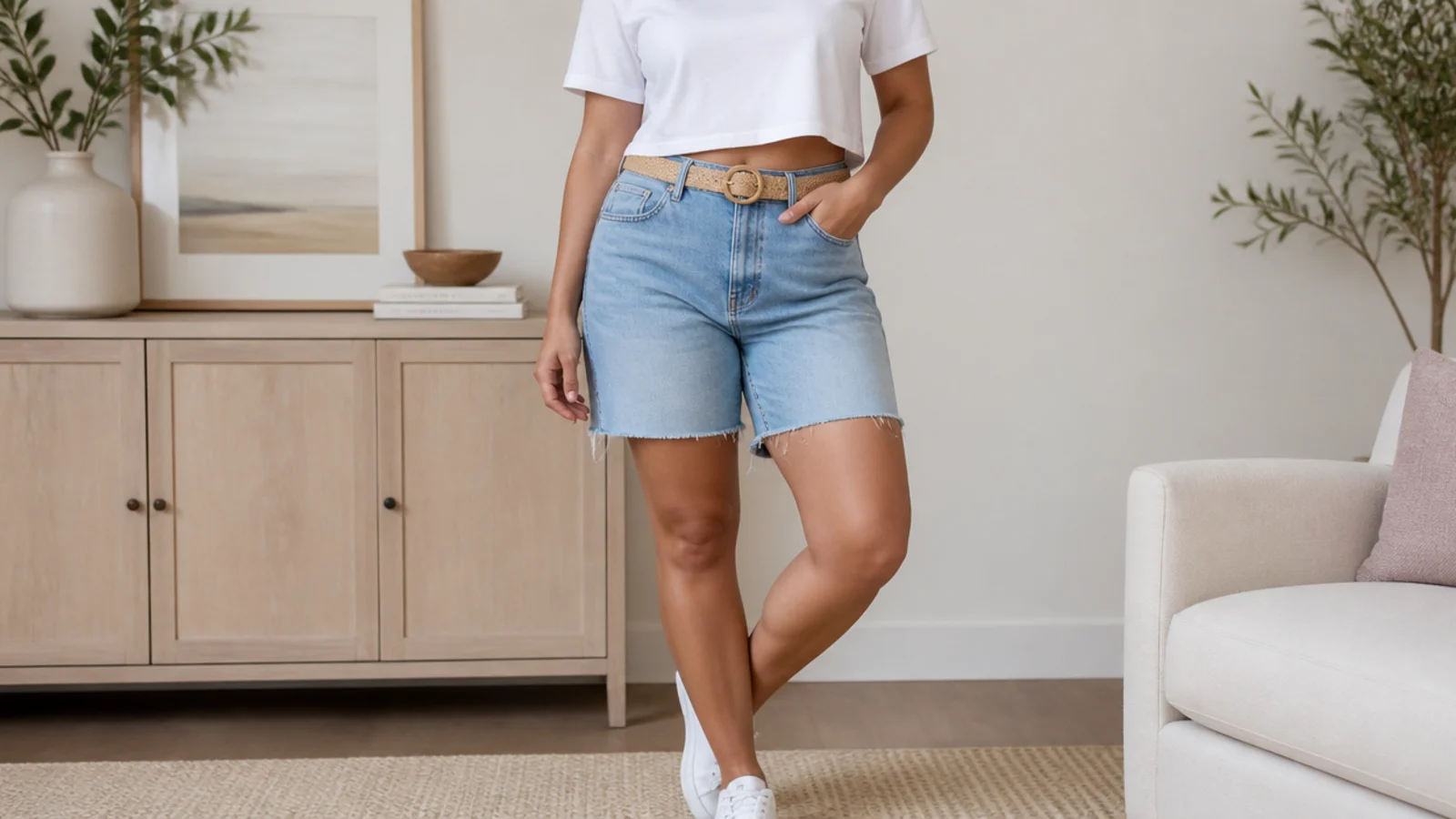 Faceless curvy outfit with high-rise denim jorts, a boxy cropped white tee, a woven tan belt and white sneakers