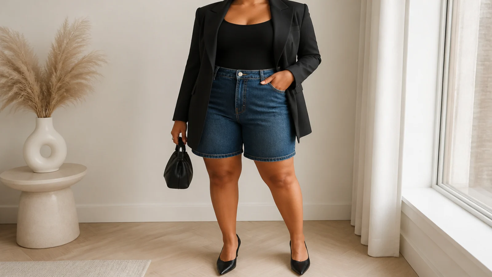 Faceless curvy outfit with dark indigo denim jorts, a black bodysuit, a structured black blazer and black pointed flats