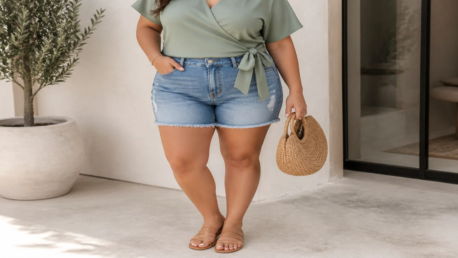 Faceless curvy outfit with high-rise denim jorts, a sage green wrap top tied at the waist and tan flat sandals