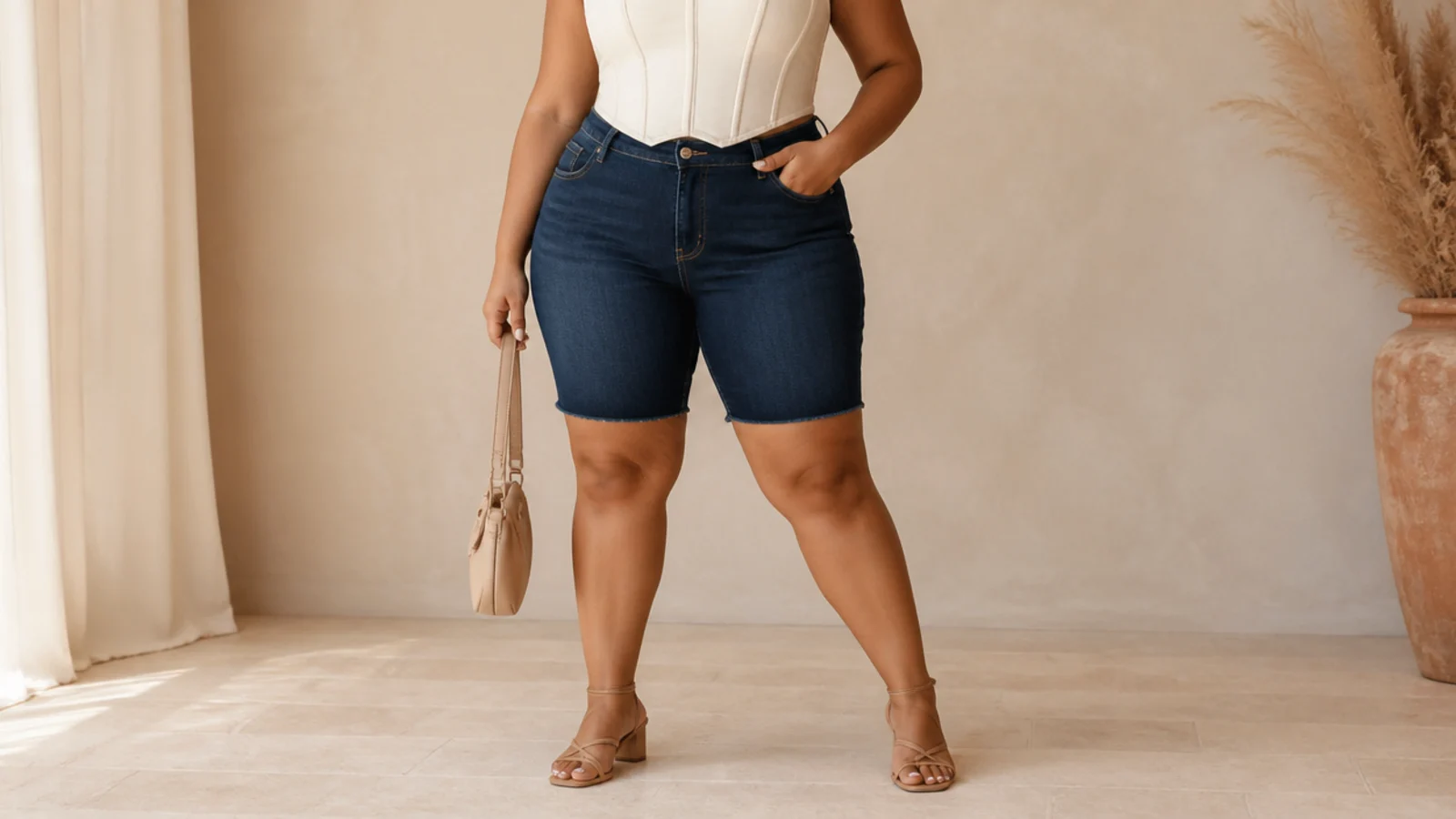 Faceless curvy outfit with high-rise dark denim jorts, a structured cream corset top and strappy tan heeled sandals