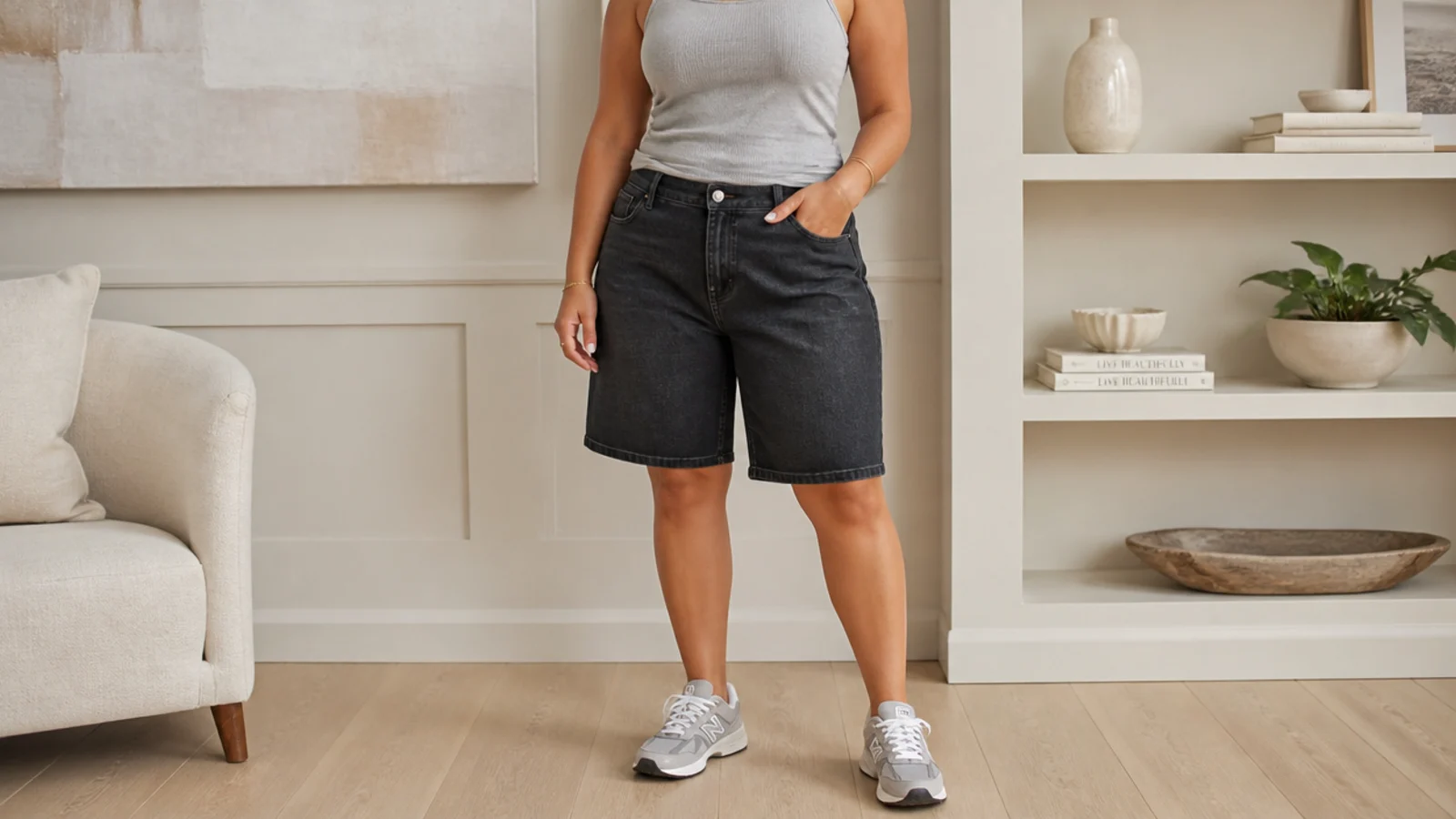 Faceless curvy outfit with knee-length dark bermuda denim jorts, a tucked gray ribbed tank and gray New Balance sneakers