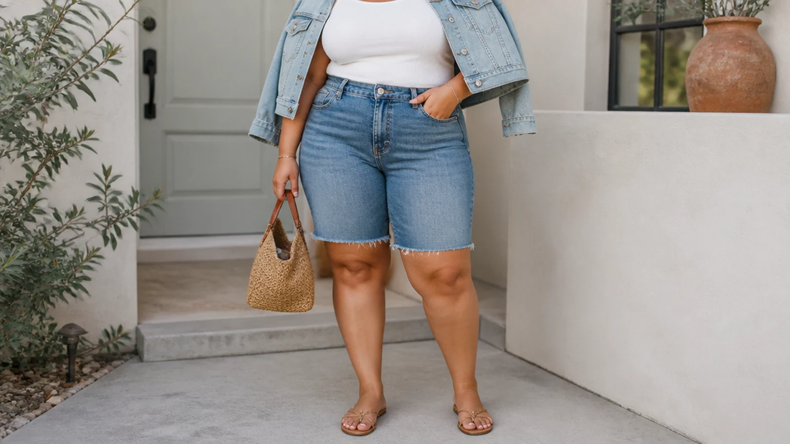 Faceless curvy outfit with mid-wash denim jorts, a fitted white tank and a cropped light-wash denim jacket over the shoulders