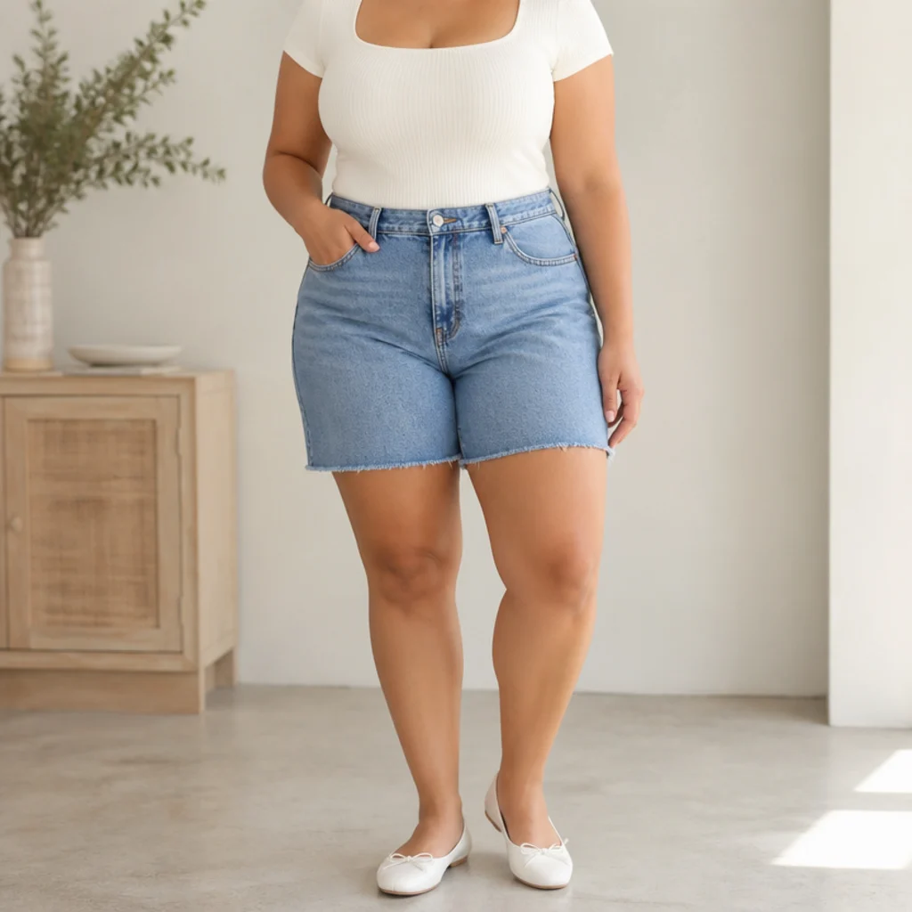 Faceless curvy outfit with high-rise mid-wash denim jorts, a fitted cream square-neck ribbed top and white ballet flats