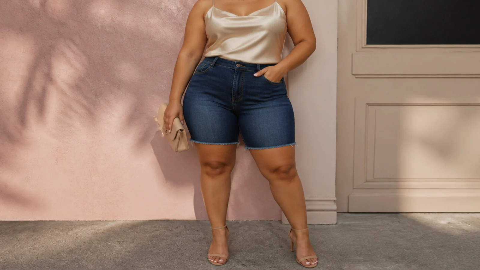 Faceless going-out curvy outfit with dark denim jorts, a champagne satin cami tucked in and nude heeled sandals