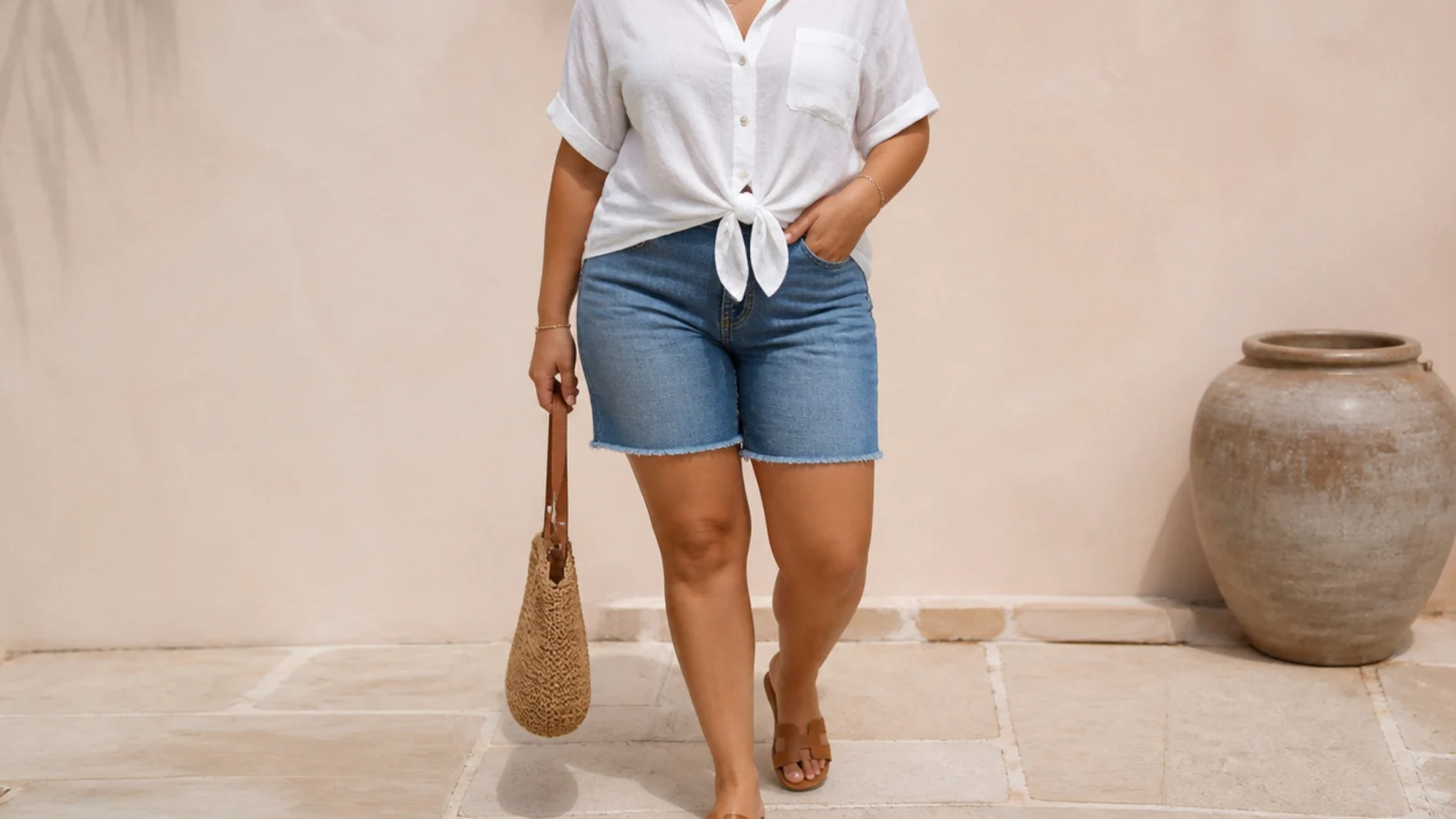 Faceless curvy outfit with mid-wash denim jorts, an untucked white linen camp-collar shirt knotted at the waist and flat leather sandals