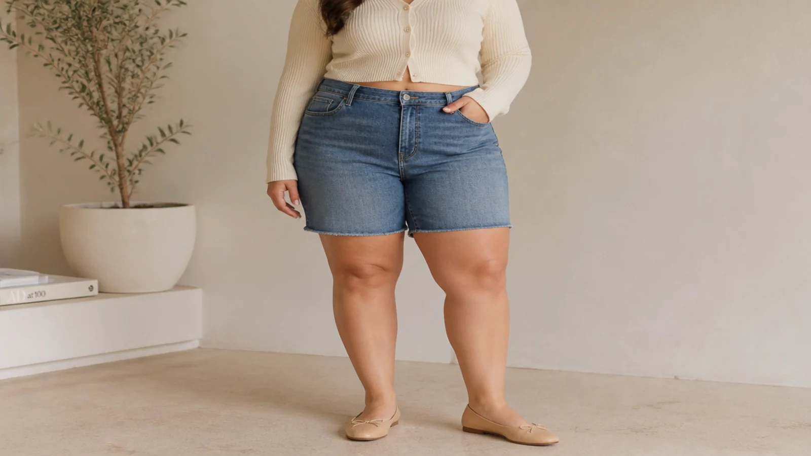 Faceless curvy outfit with mid-wash denim jorts, a buttoned cream cropped cardigan and tan ballet flats