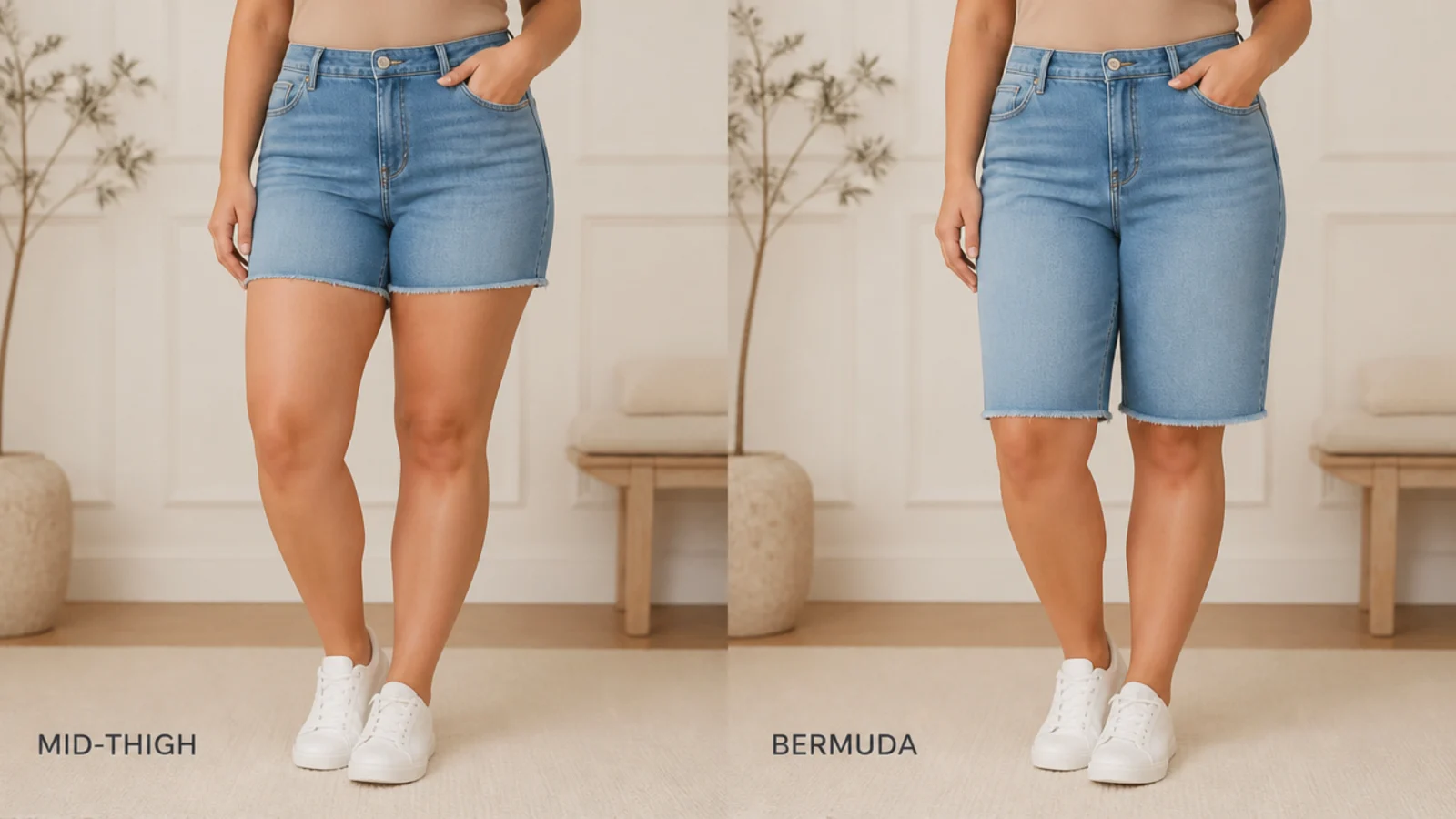 Faceless side-by-side of a mid-thigh curvy jort and a longer bermuda curvy jort showing inseam length