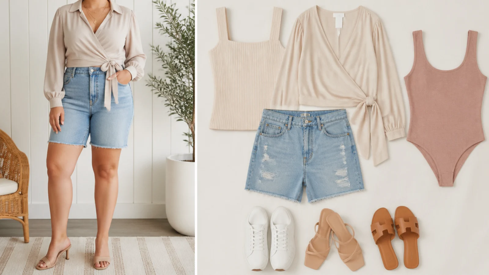 Faceless flat-lay of a bodysuit, wrap top, square-neck rib top, sneakers, nude heels and tan sandals for curvy jorts