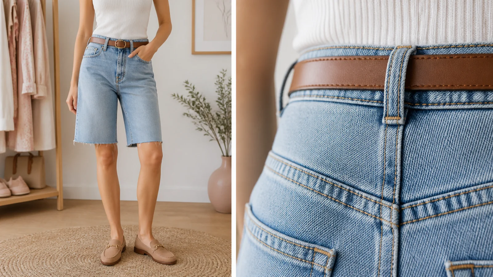 Faceless close-up of a denim jorts back waistband with a belt and a tailored dart fixing a waist gap