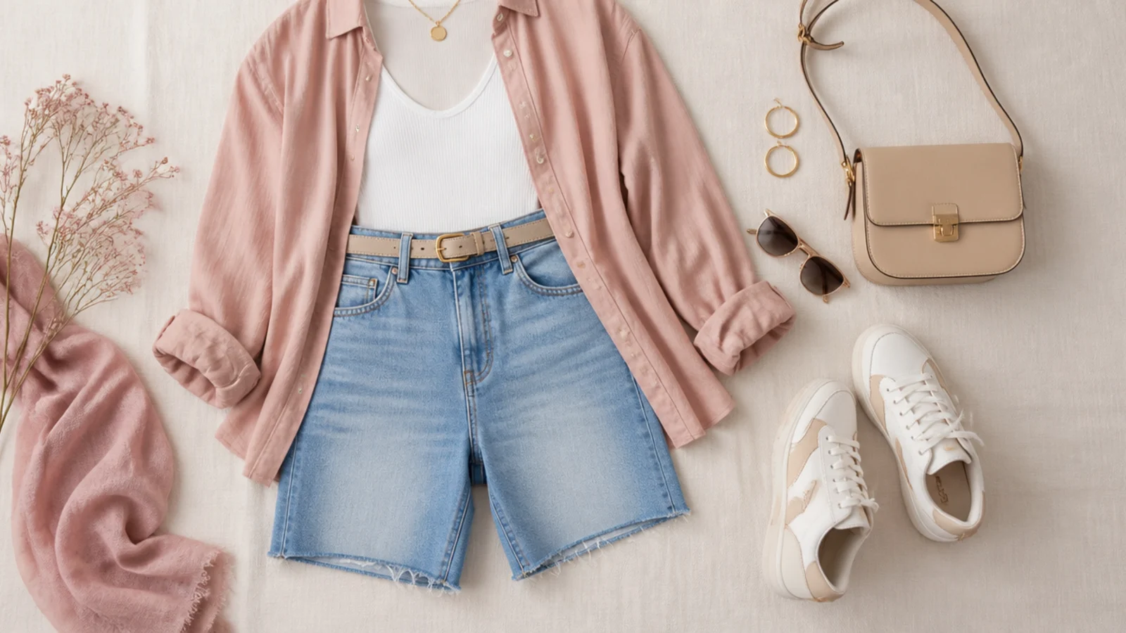Faceless flat-lay of high-rise curvy denim jorts styled with a bodysuit, belt, flowy blouse and sneakers
