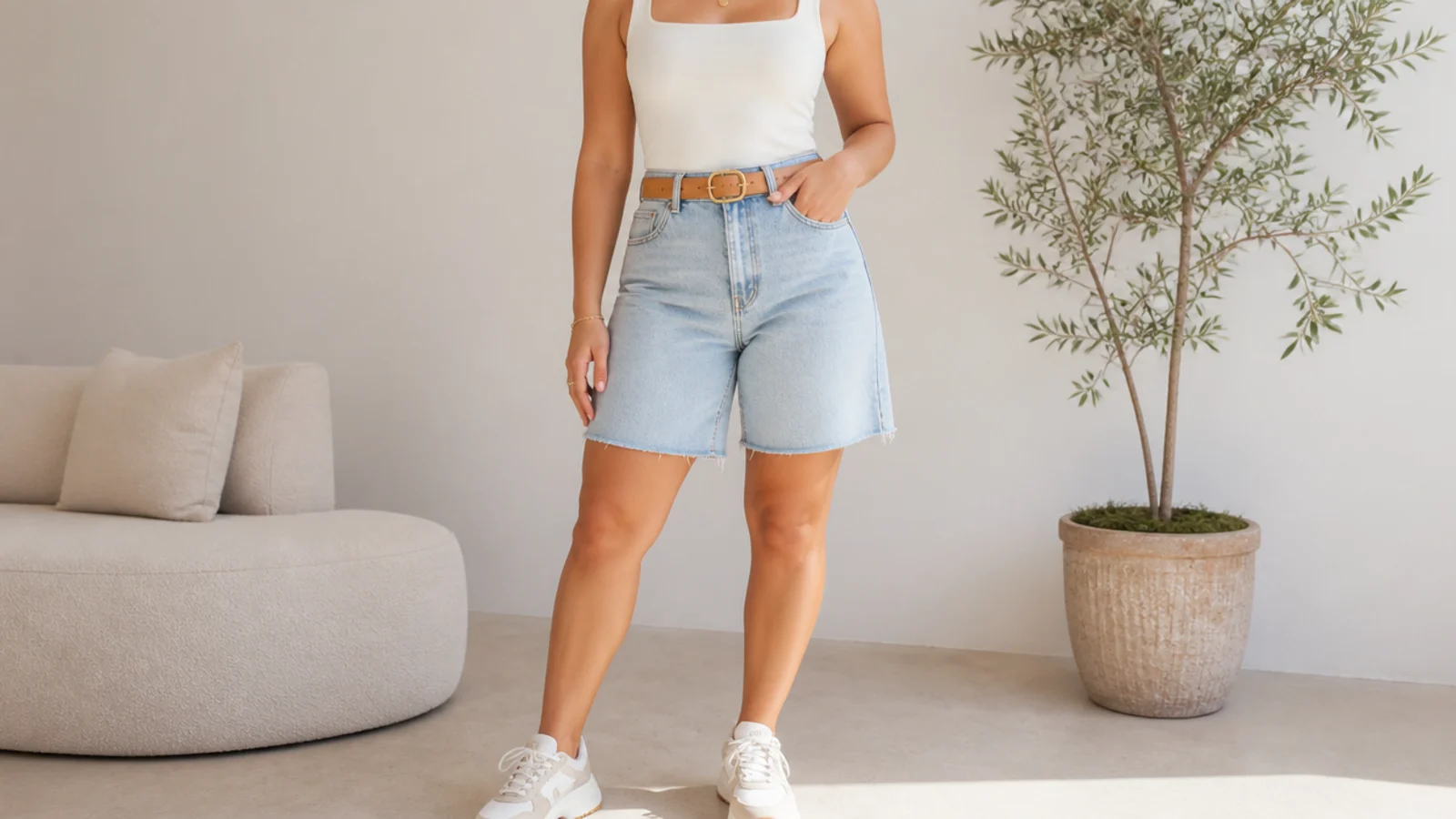 Faceless flat-lay of high-rise curvy denim jorts styled with a bodysuit, belt and sneakers for summer