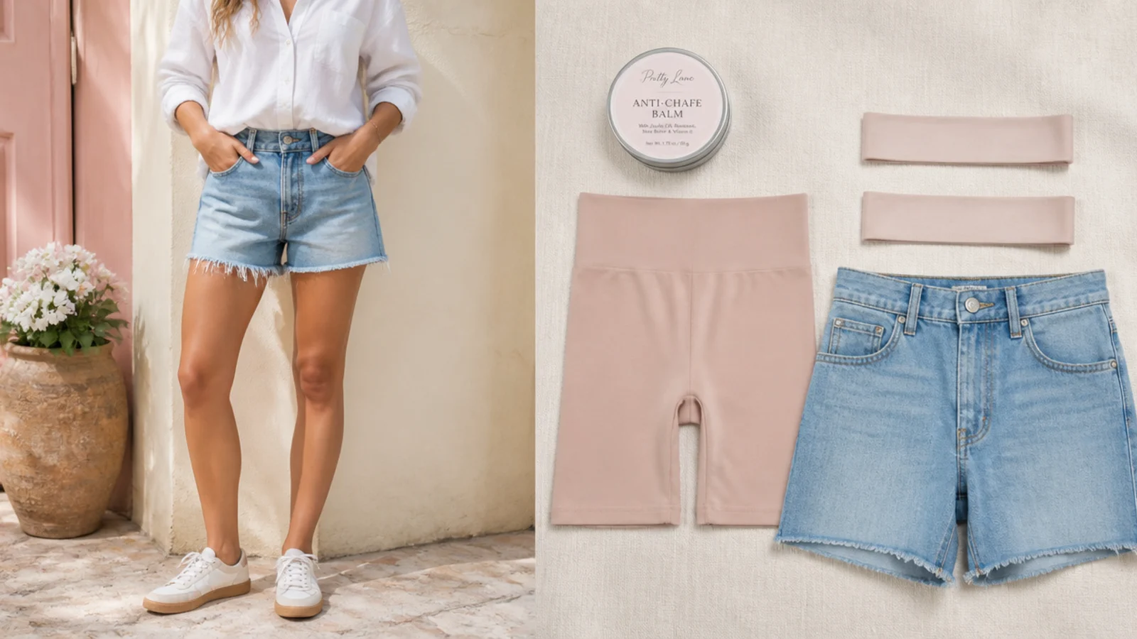 Faceless flat-lay of anti-chafe balm, seamless bike shorts and thigh bands beside denim jorts