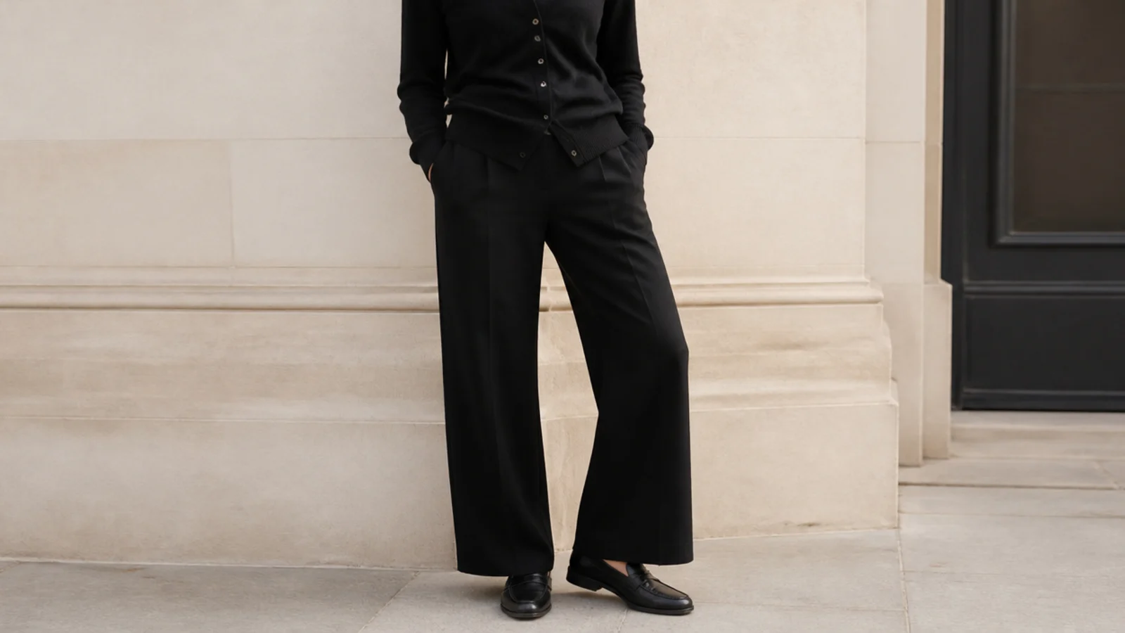 Faceless outfit with a fine-knit black cardigan, black wide-leg trousers and black leather loafers
