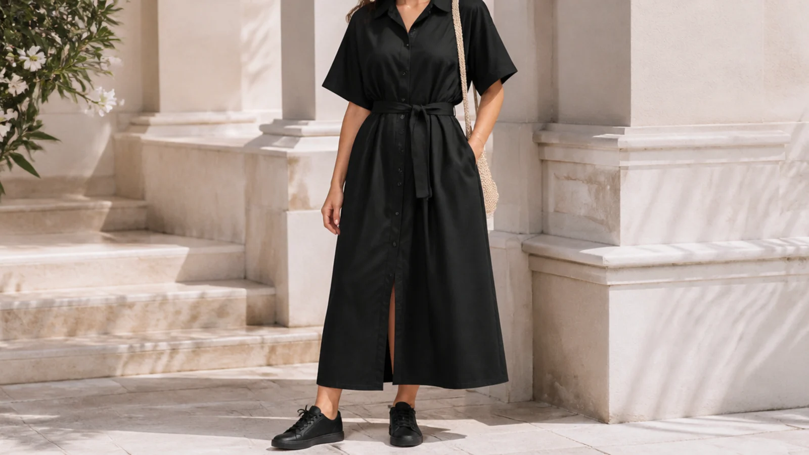 Faceless summer outfit with a black cotton poplin shirtdress belted at the waist and flat black sneakers