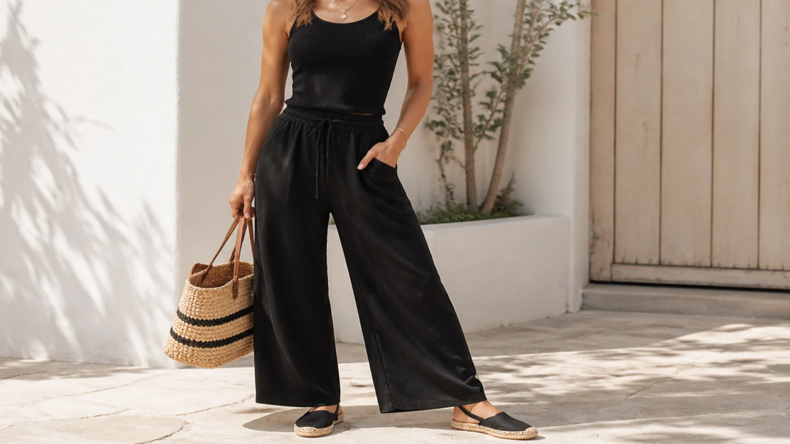 Faceless summer outfit with a fitted black ribbed tank, breezy black wide-leg pants and flat black espadrilles