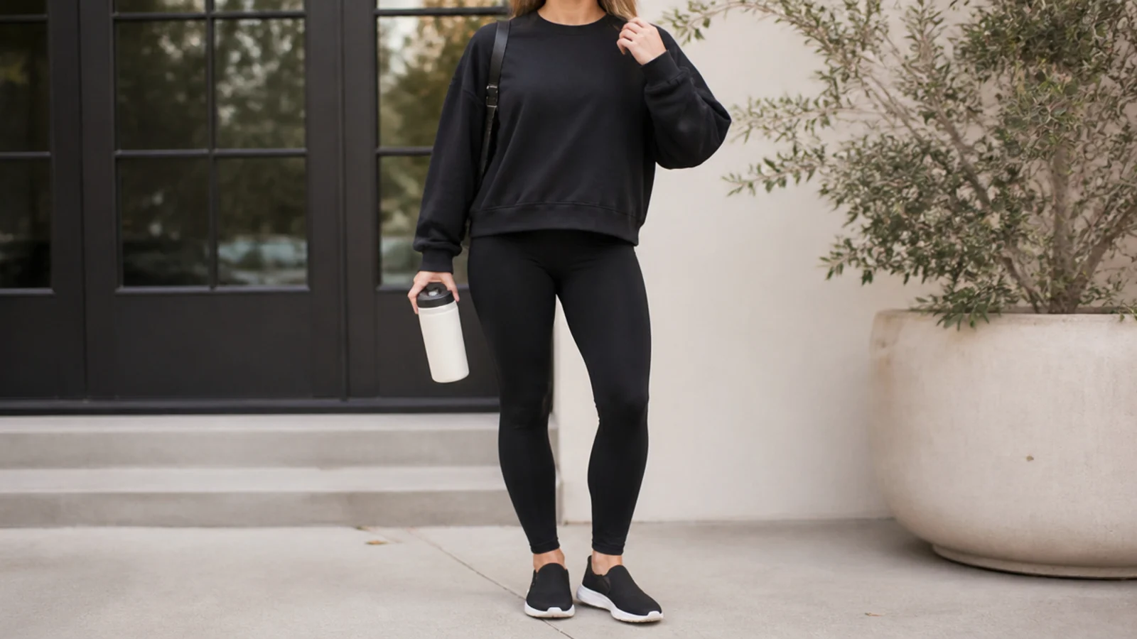 Faceless athleisure outfit with a black crewneck sweatshirt, black leggings and black slip-on sneakers