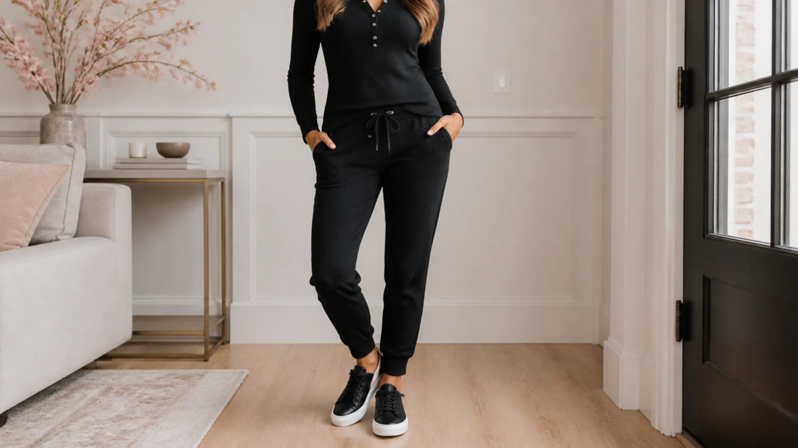 Faceless casual outfit with a fitted black henley, black tapered joggers and clean black sneakers