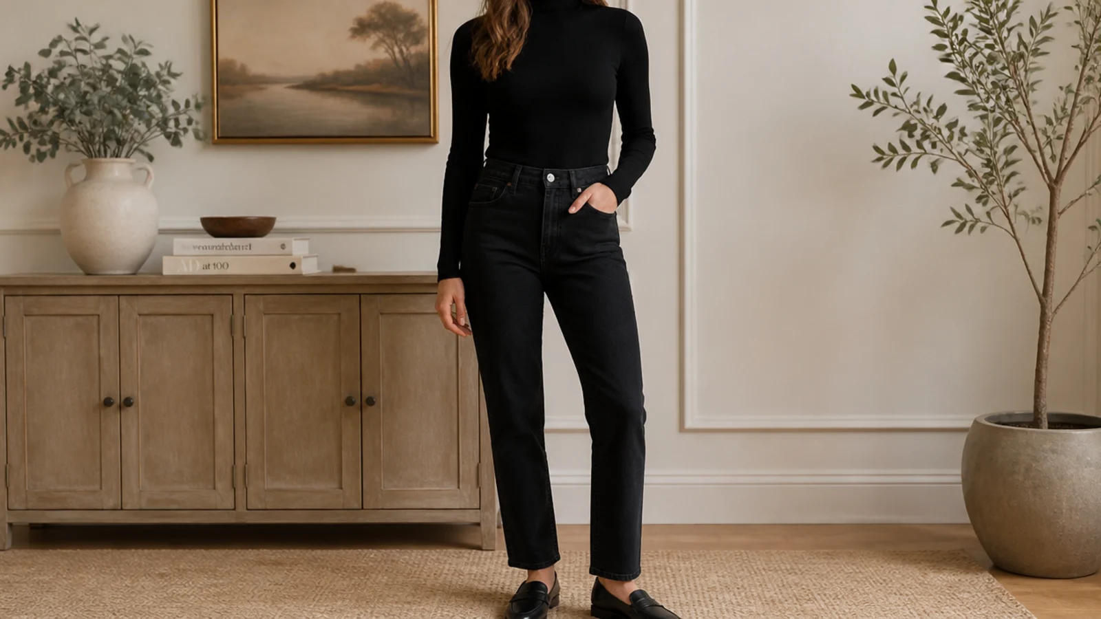 Faceless fall outfit with a fitted black turtleneck tucked into black straight-leg jeans and black loafers