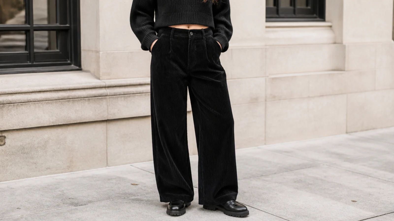 Faceless fall outfit with a black cropped sweater, black wide-wale corduroy pants and chunky black loafers