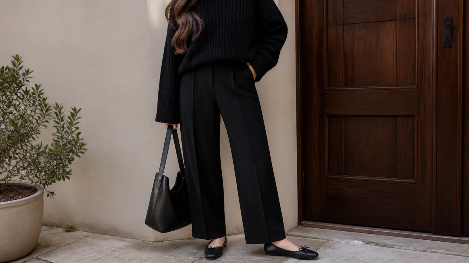 Faceless winter outfit with a chunky black knit sweater, black wool trousers and black ballet flats