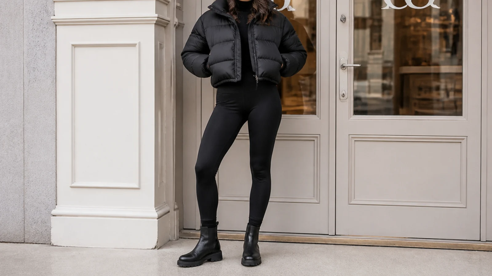 Faceless winter outfit with a cropped black puffer jacket, thick black leggings and flat black ankle boots