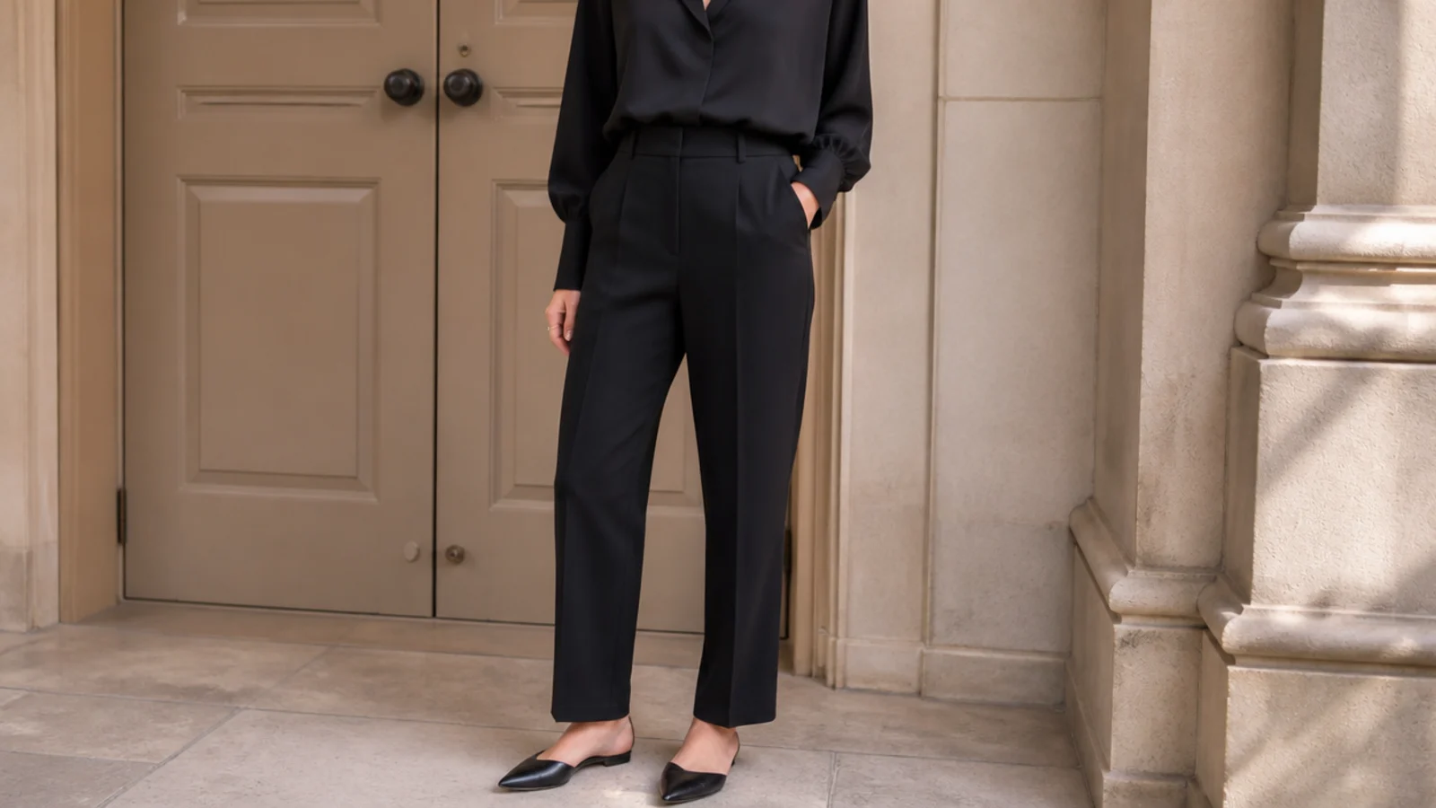 Faceless outfit with a soft black blouse tucked into black tailored trousers and pointed black flats