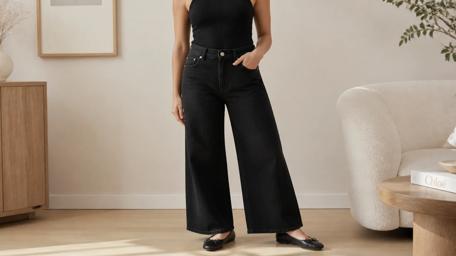 Faceless casual outfit with a fitted black rib tank, black wide-leg jeans and black ballet flats