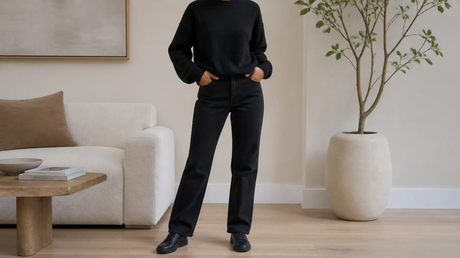 Faceless casual outfit with a relaxed black crewneck sweater, black straight jeans and all-black leather sneakers