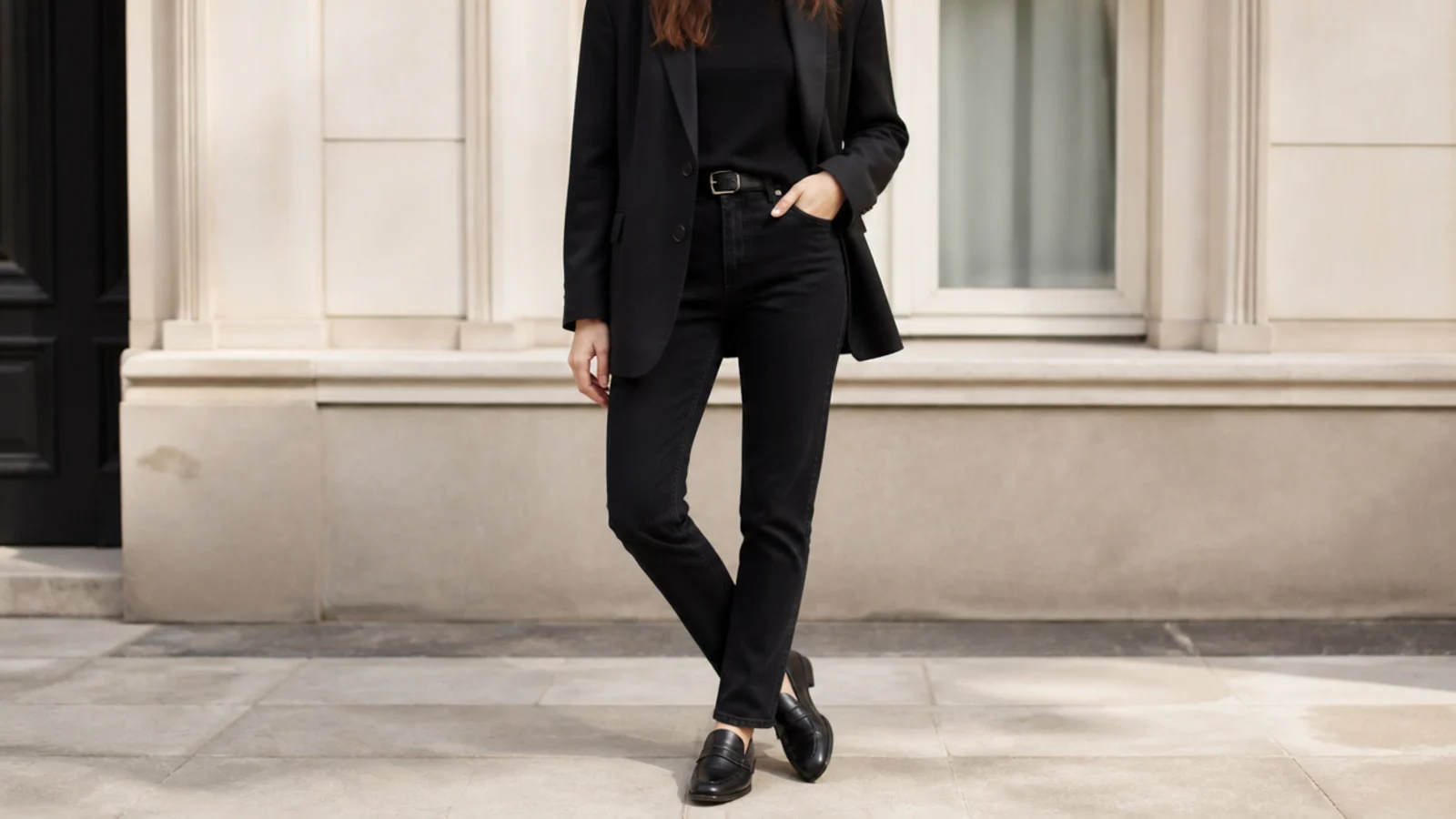 Faceless smart-casual outfit with an oversized black blazer, black tee, black jeans and black loafers