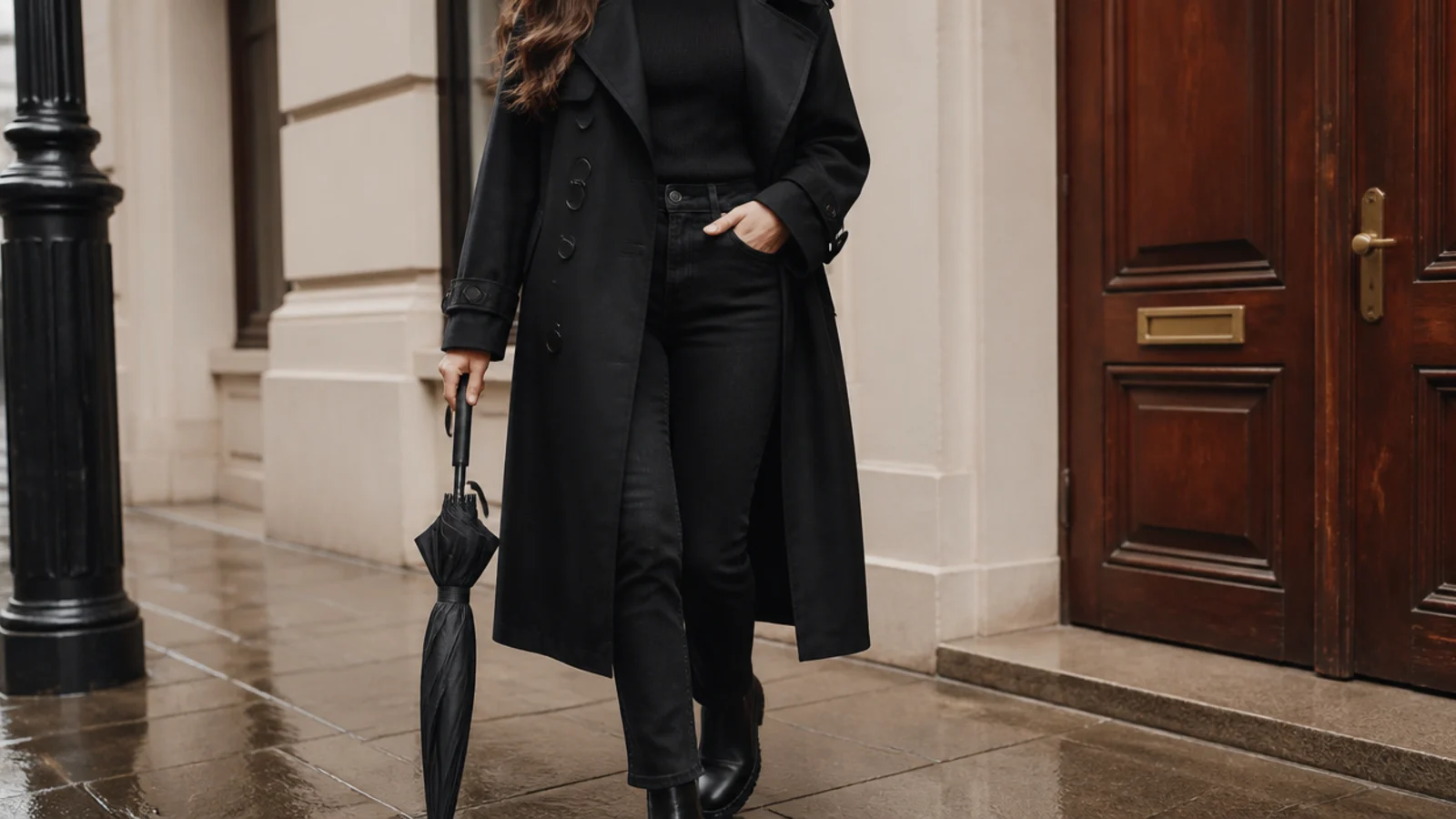 Faceless rainy-day outfit with a black trench coat over a black sweater and black jeans with flat black boots