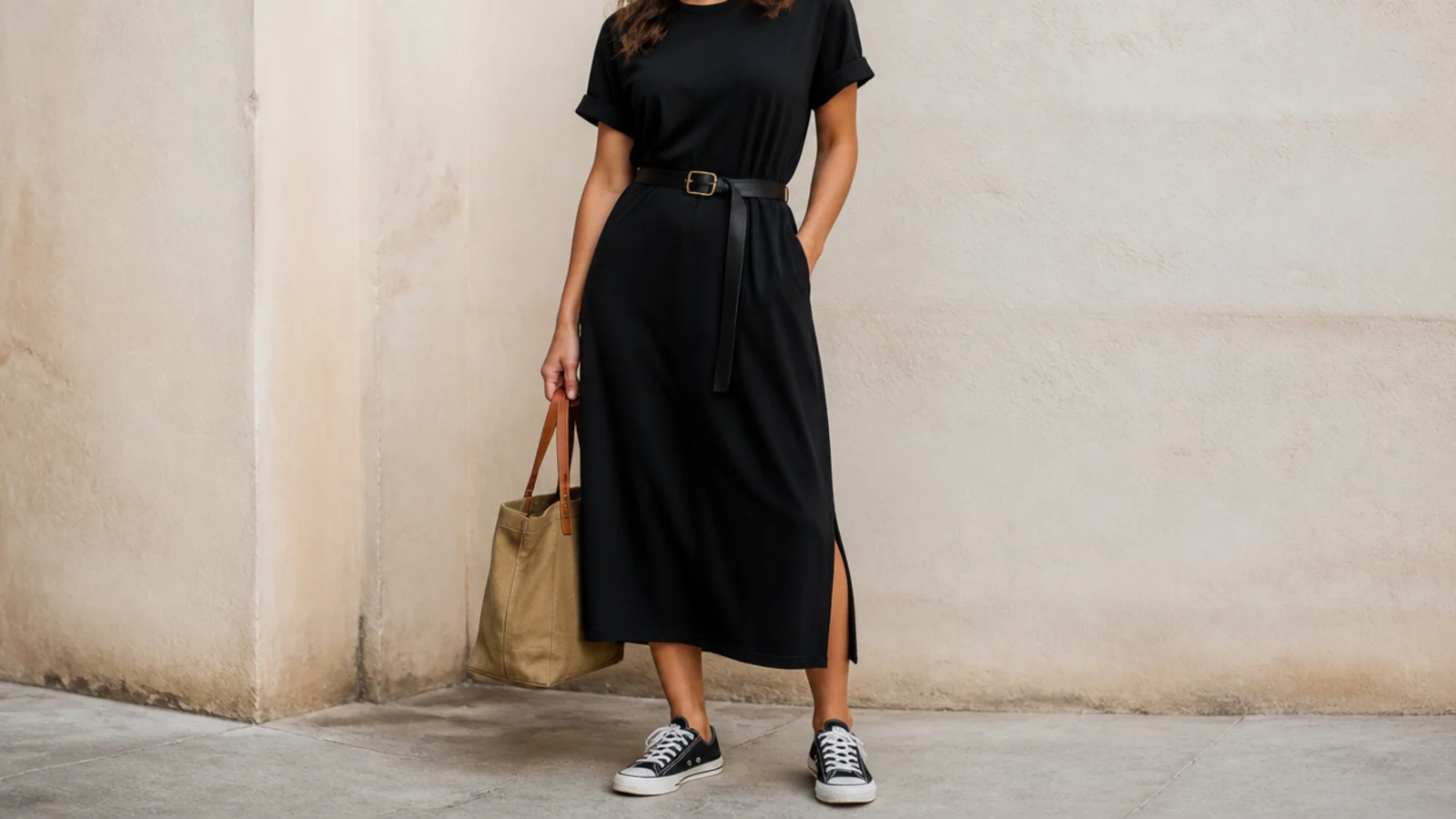 Faceless casual outfit with a black cotton t-shirt dress belted at the waist and black canvas sneakers