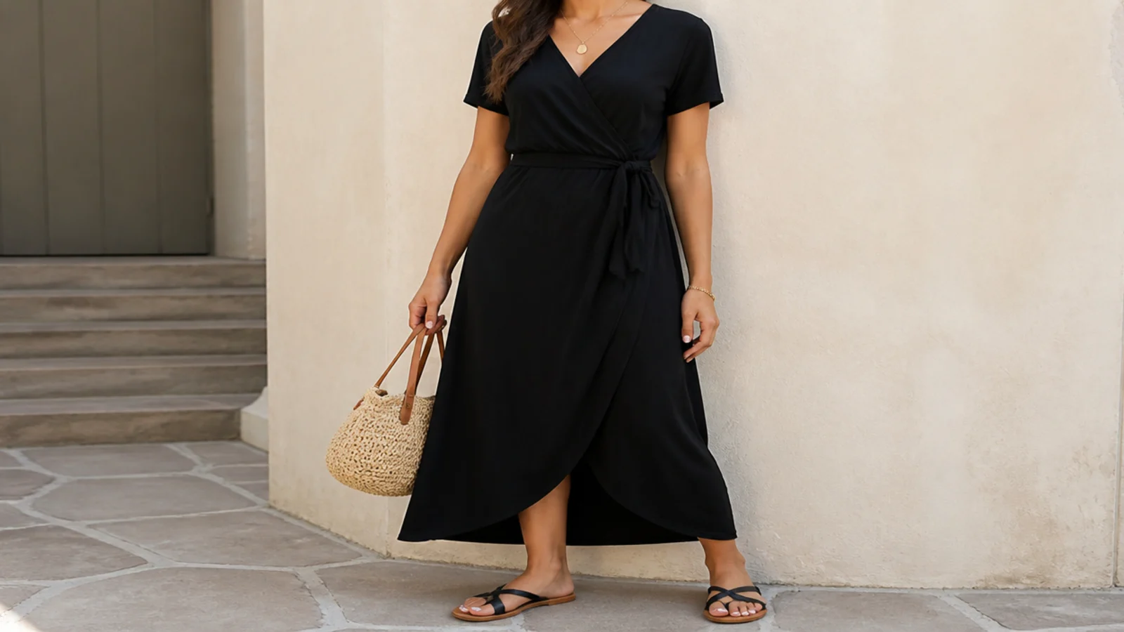 Faceless summer outfit with a black jersey wrap dress and flat black leather sandals