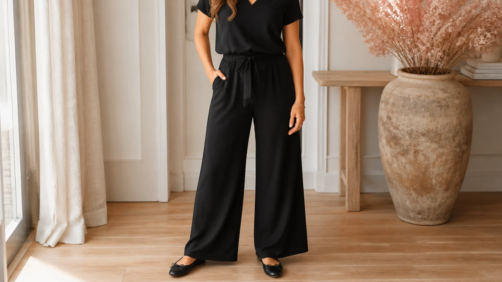 Faceless outfit with a black wide-leg jersey jumpsuit belted at the waist and flat black shoes