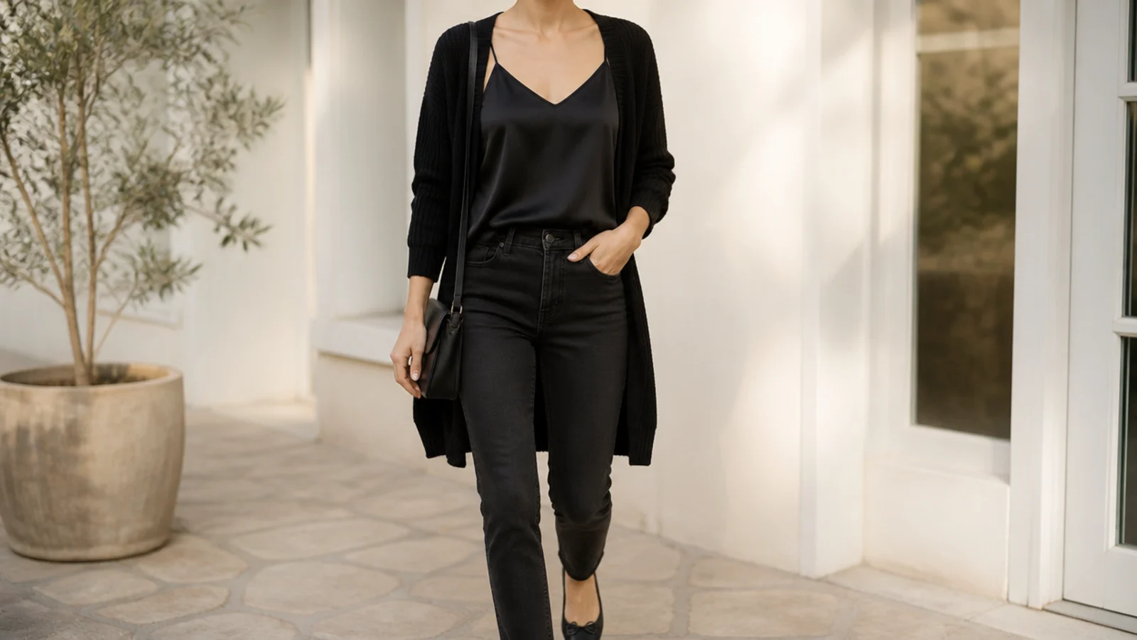 Faceless layered outfit with a black satin camisole, an open black cardigan, black jeans and black flats