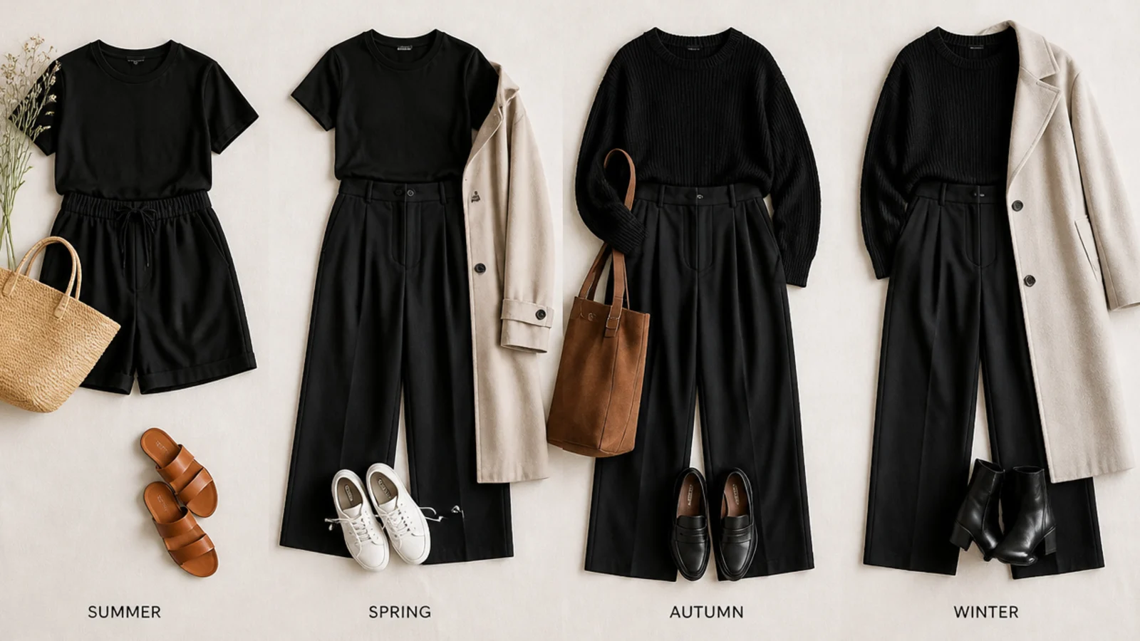 Faceless flat-lay showing black linen shorts, a black cotton tee, a black knit sweater and black wool trousers by season