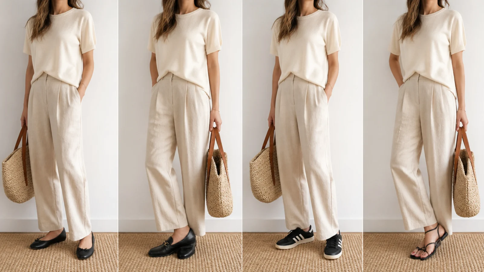 Faceless flat-lay comparing black ballet flats, black loafers, black sneakers and flat black sandals