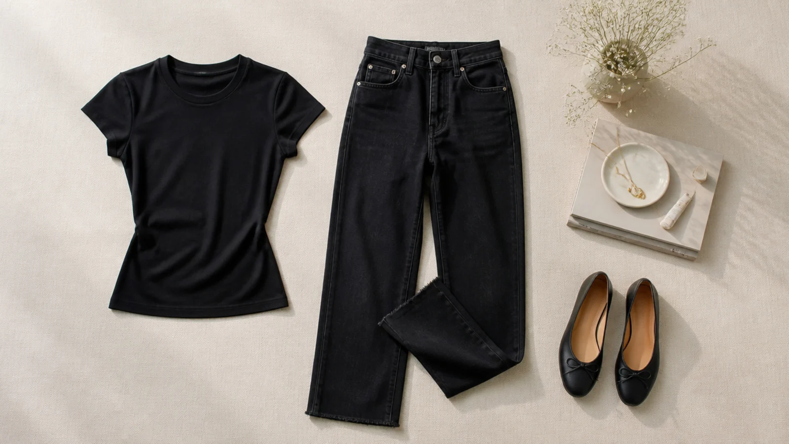 Faceless flat-lay of a fitted black tee, relaxed black jeans and flat black ballet flats laid out as a formula