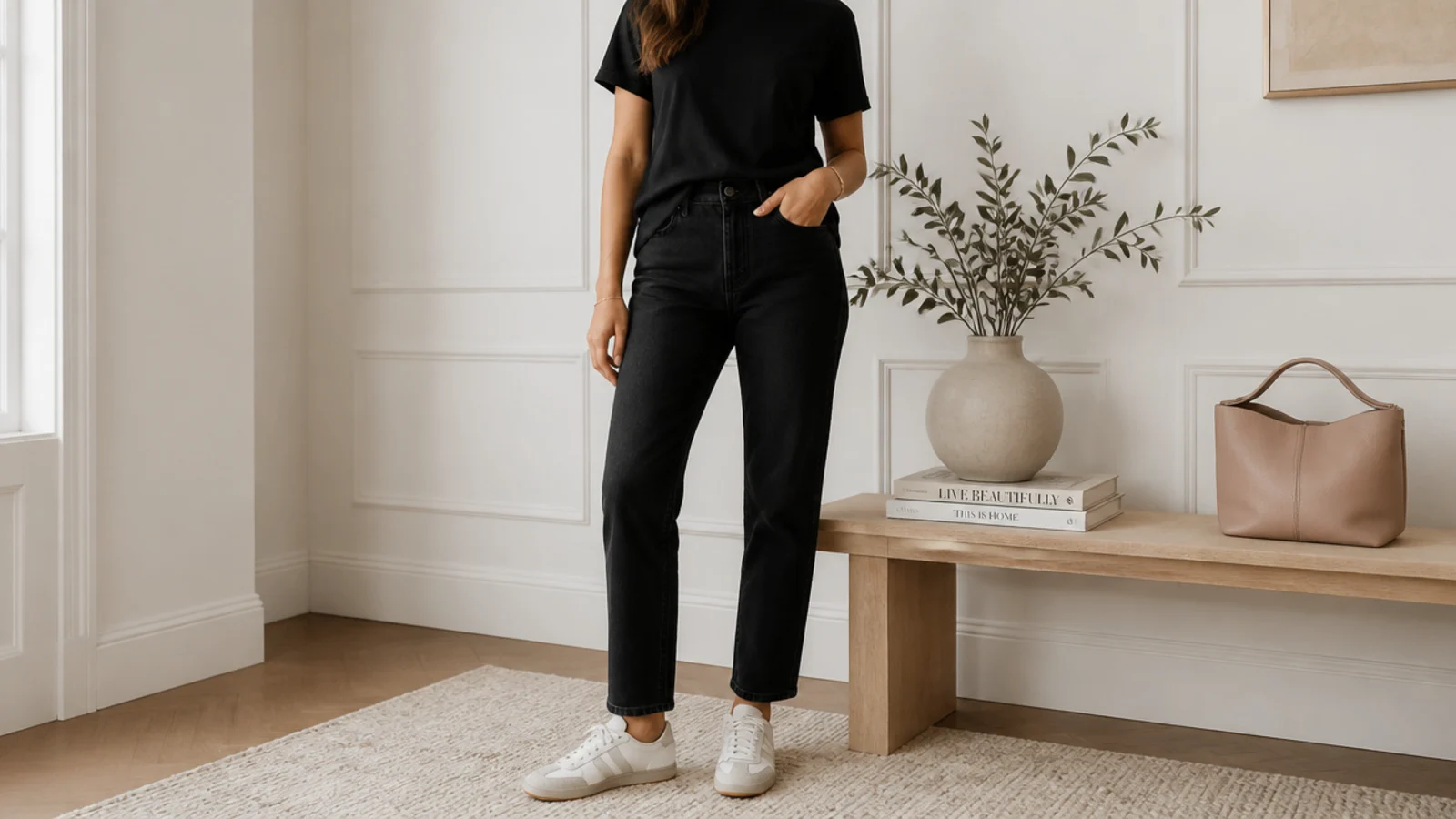 Faceless outfit showing black jeans and a black tee dressed down with flat sneakers instead of heels