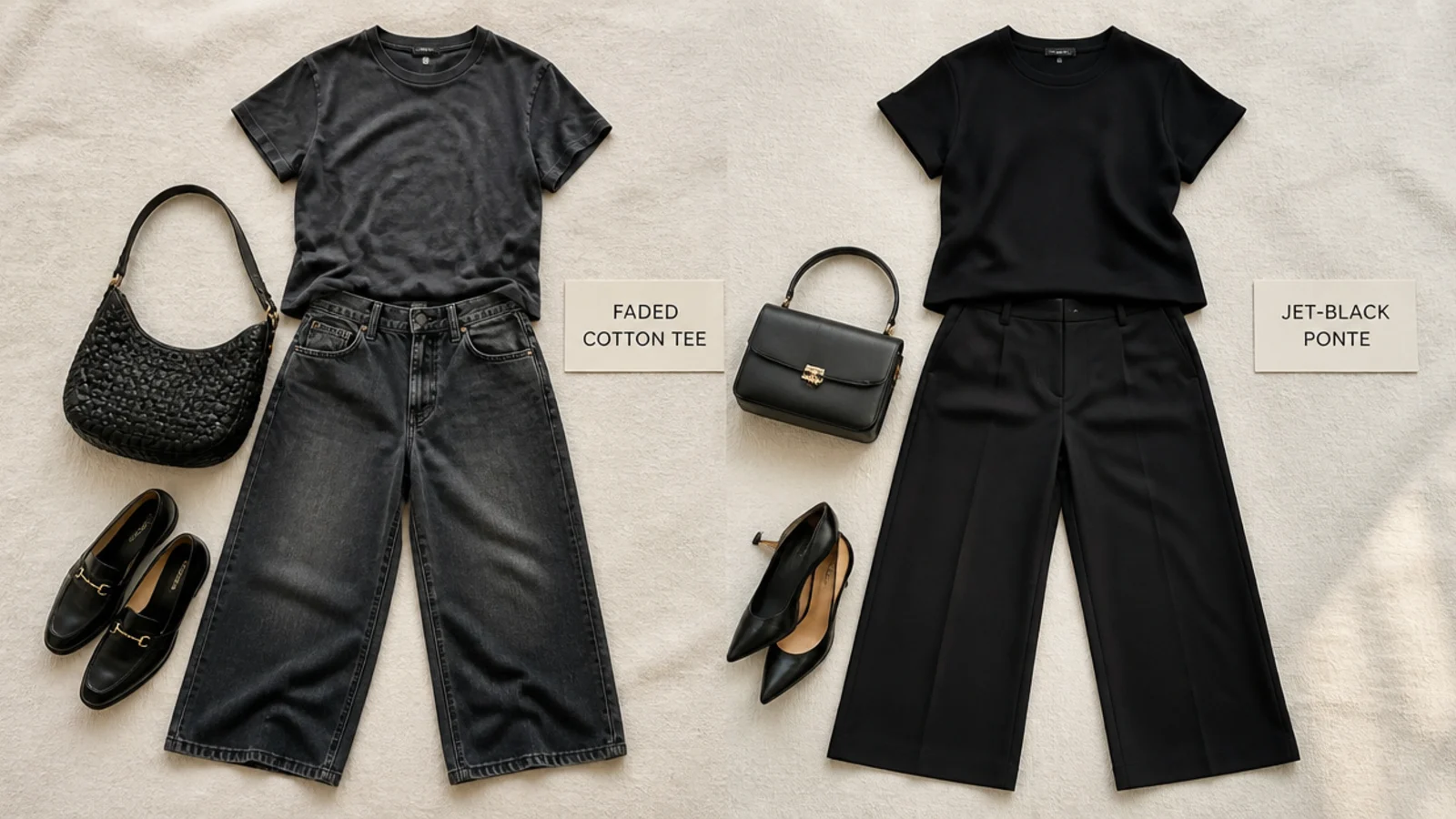 Faceless flat-lay comparing a faded gray-black cotton tee next to a true jet-black ponte piece